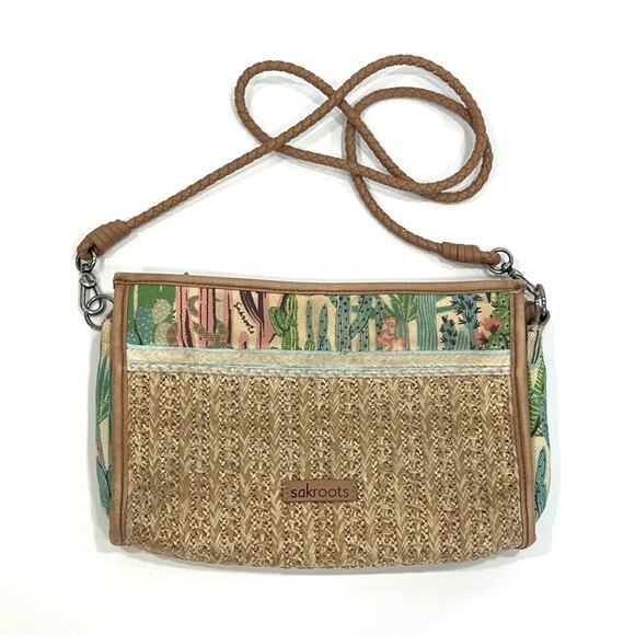 Sakroots Raffia Cactus Cacti Print Crossbody bag straw purse PREOWNED - Picture 1 of 14